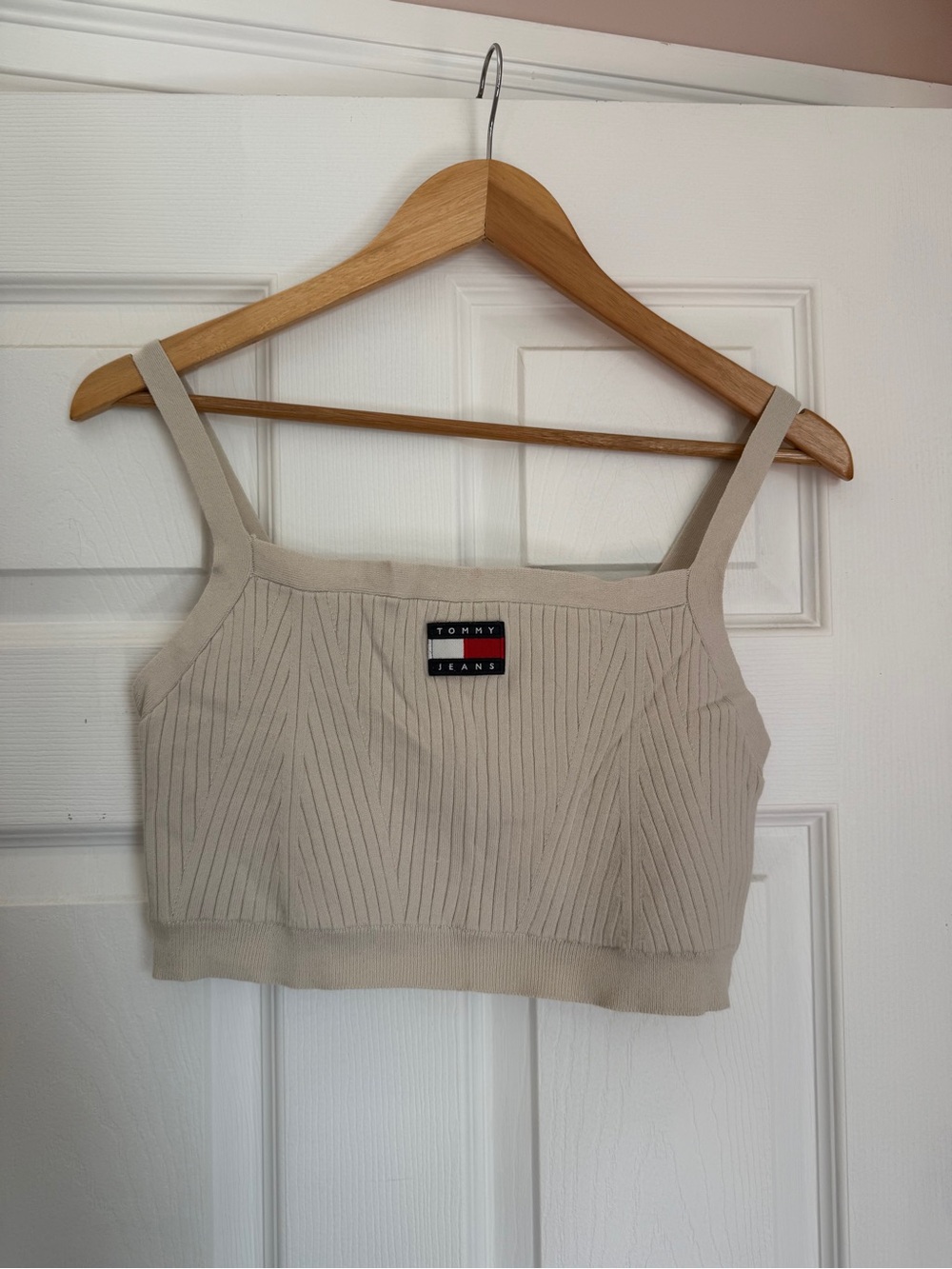 Tommy Hilfiger Cream Ribbed Cropped Tank Top